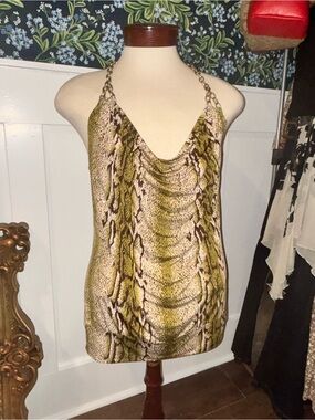Y2K Dots Size 1x Green Snake Skin Clubbing Top With Chain Hardware Sparkly